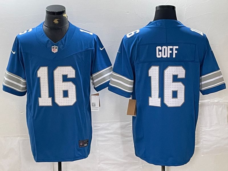 Men Detroit Lions 16 Goff Blue Three generations 2024 Nike Vapor F.U.S.E. Limited NFL Jersey